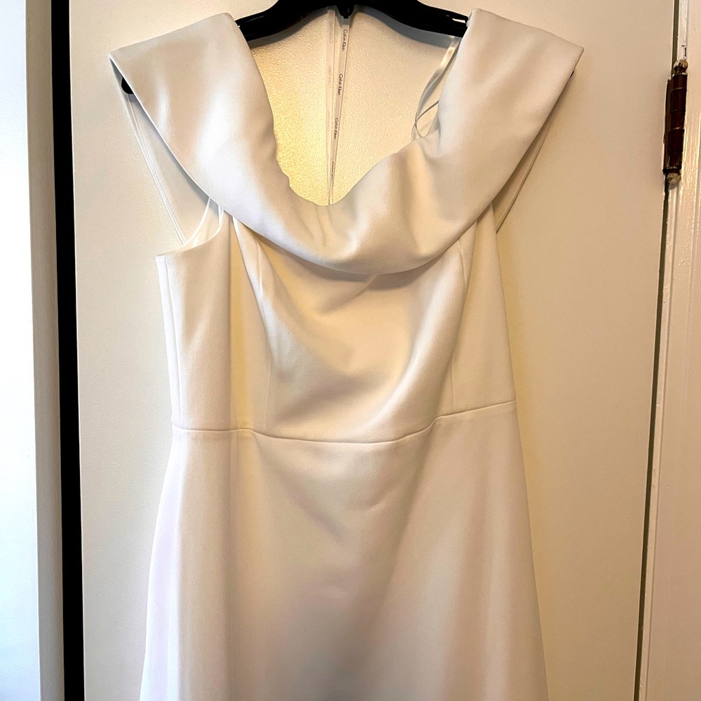 Calvin Klein Seamed White Off Shoulder Pencil Dress NWT 14